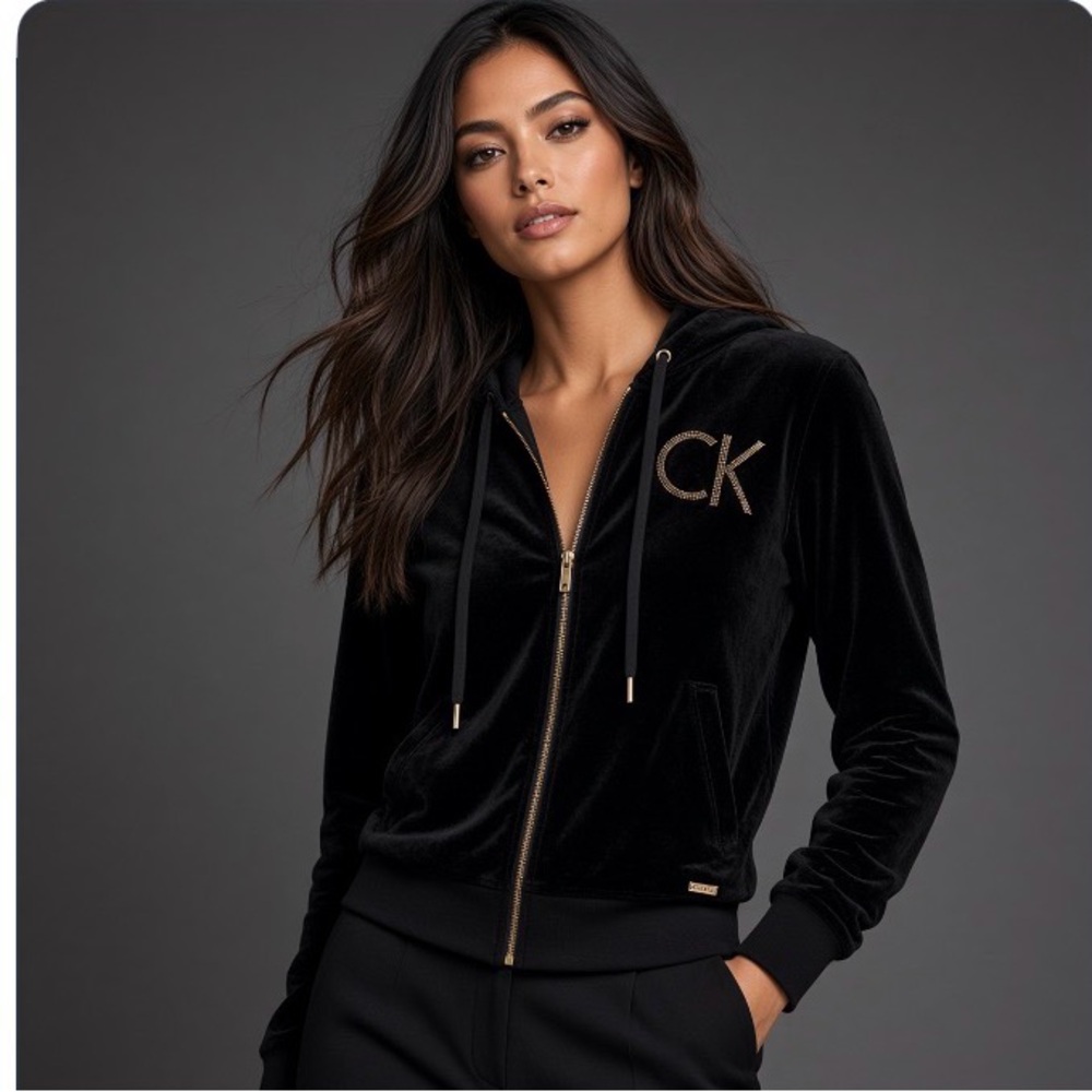 Calvin Klein Black Velvet Zip-Front Bomber Jacket with Gold CK Accent